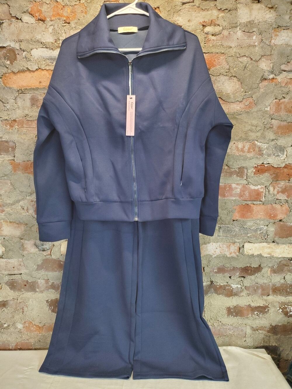 Womens Lounge Set Outfit M Navy Blue Cotton Blend Full Zip Wide Leg Pants